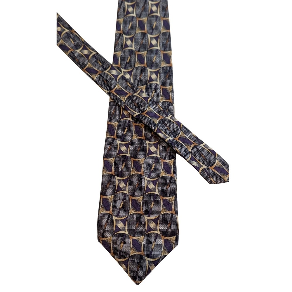 Conte di Milano Mens Silk Tie Purple Gold Grey Retro Abstract Woven Wedding USA